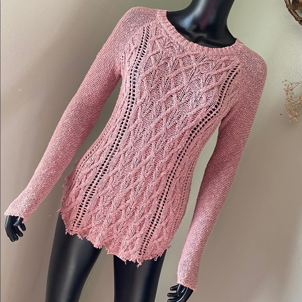 Ruby Moon Mauve Pink Distressed Cable Knit Sweater